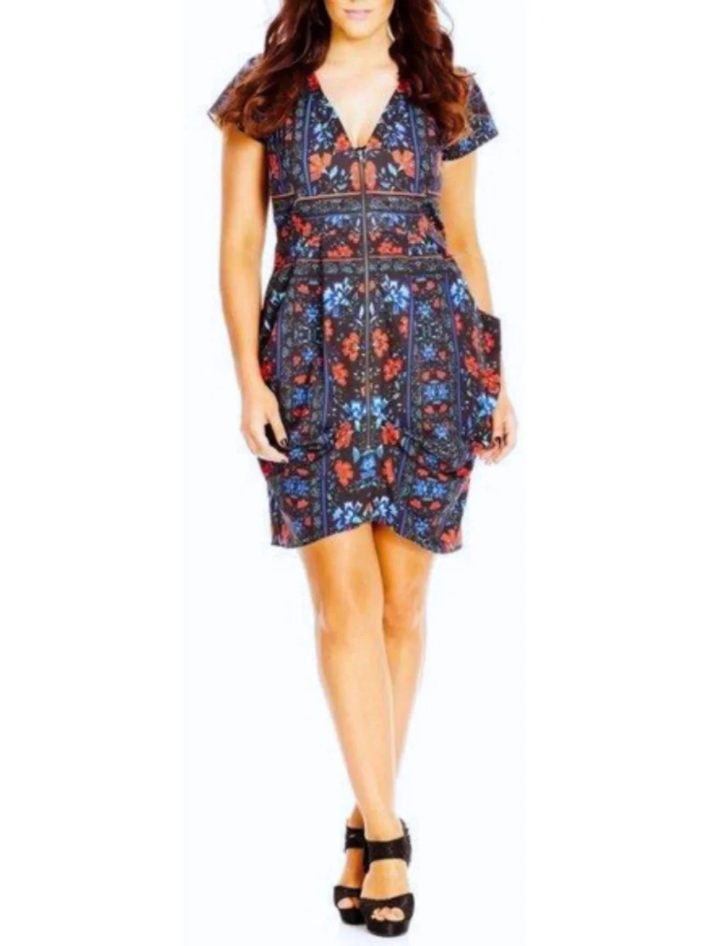 City Chic Folk Dance Print Zip Front Pleat Tunic Dress 16/Small